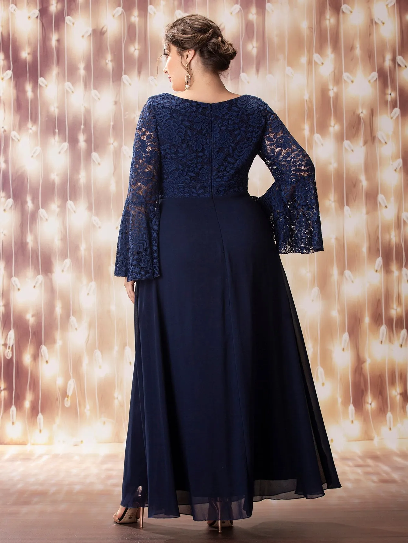 Glamorous Plain Contrast Lace Long Sleeve Sweetheart Flared High Waist Maxi Plus Size Dress