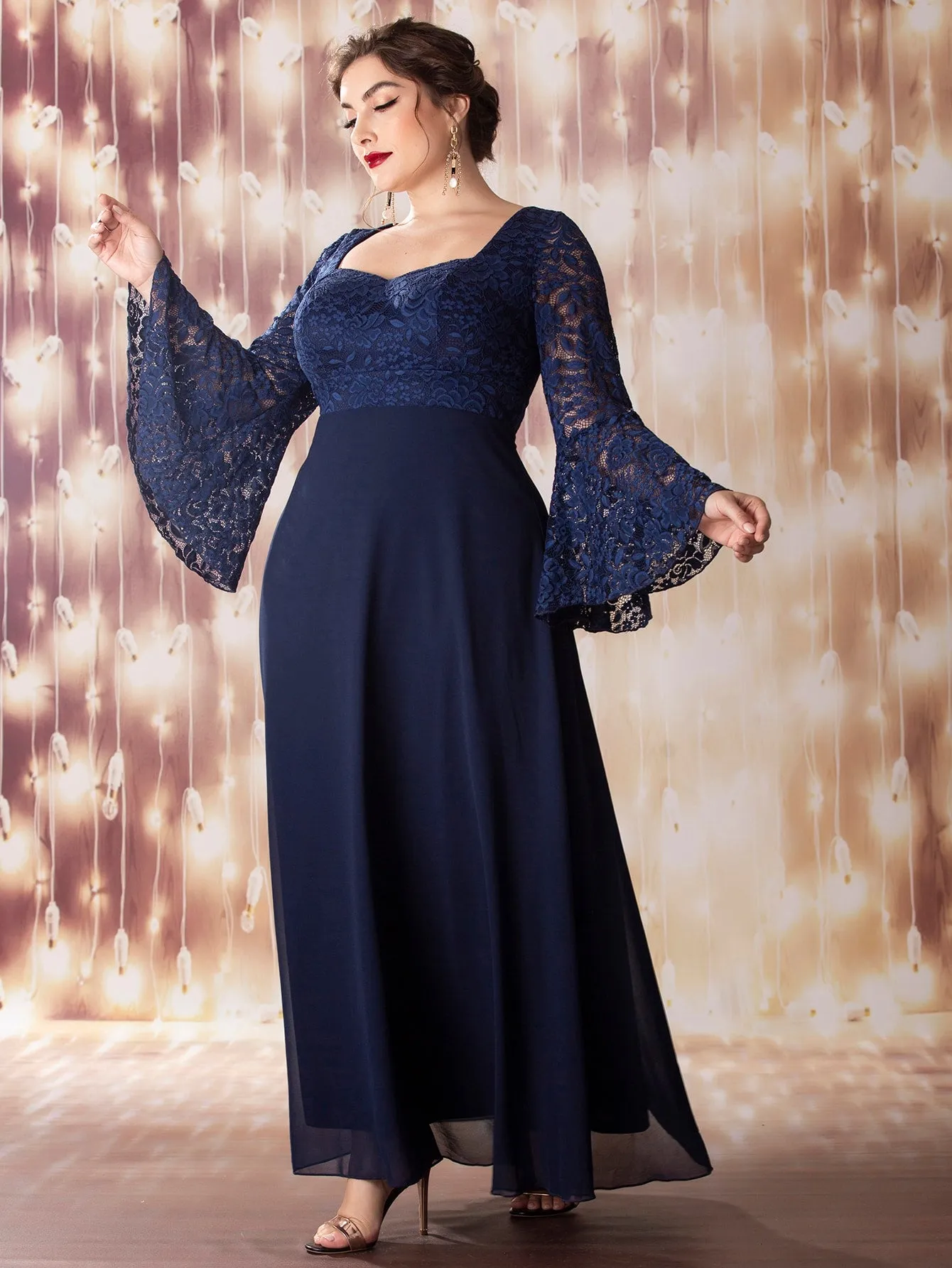 Glamorous Plain Contrast Lace Long Sleeve Sweetheart Flared High Waist Maxi Plus Size Dress