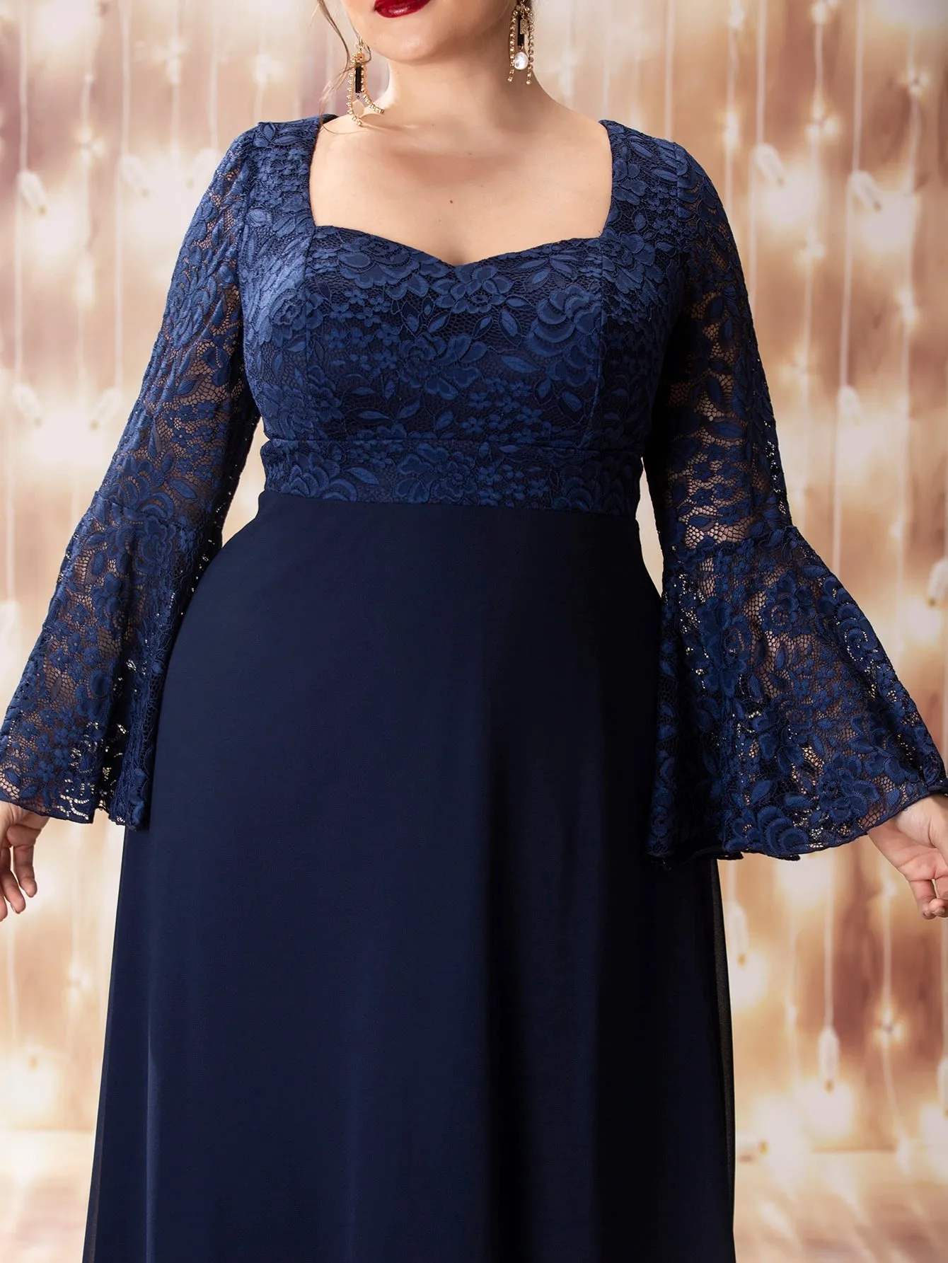 Glamorous Plain Contrast Lace Long Sleeve Sweetheart Flared High Waist Maxi Plus Size Dress