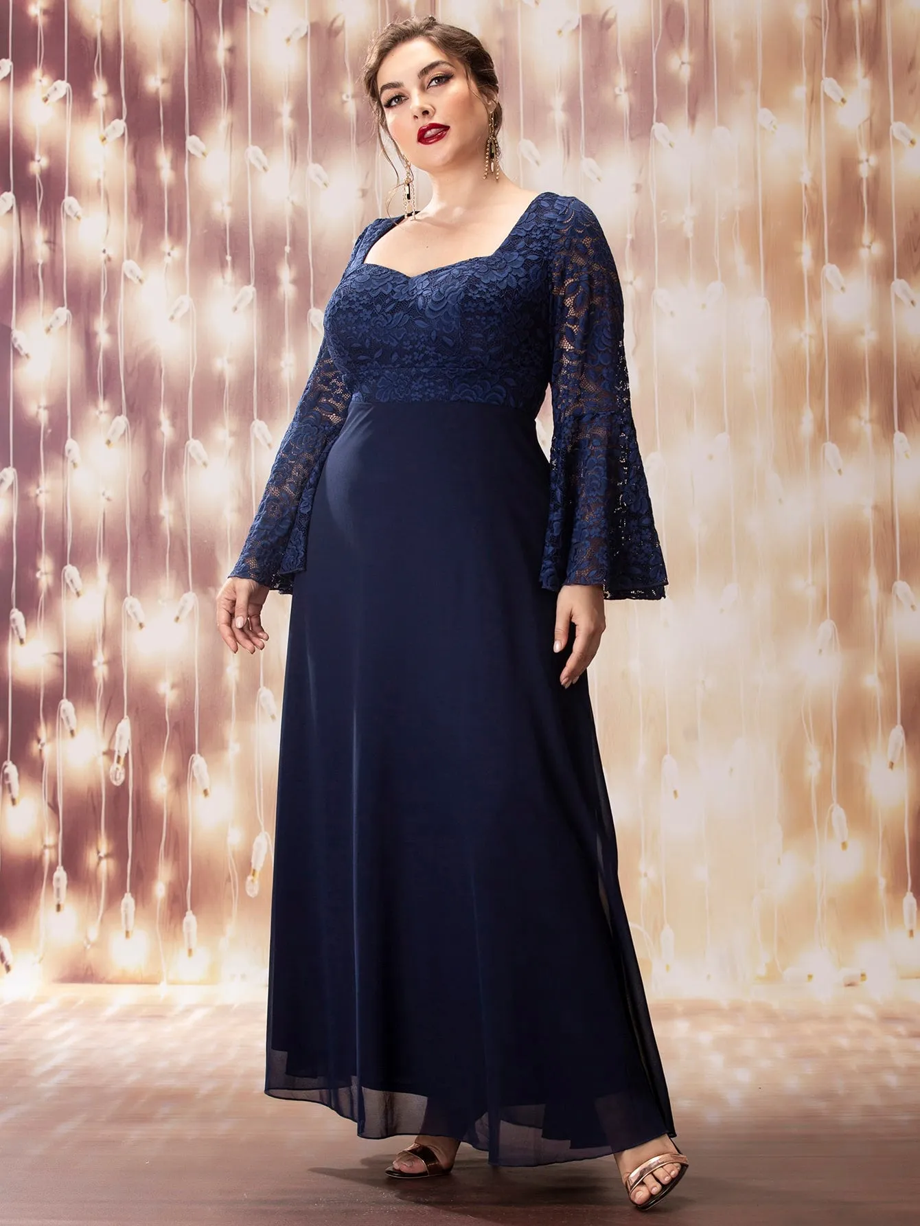 Glamorous Plain Contrast Lace Long Sleeve Sweetheart Flared High Waist Maxi Plus Size Dress