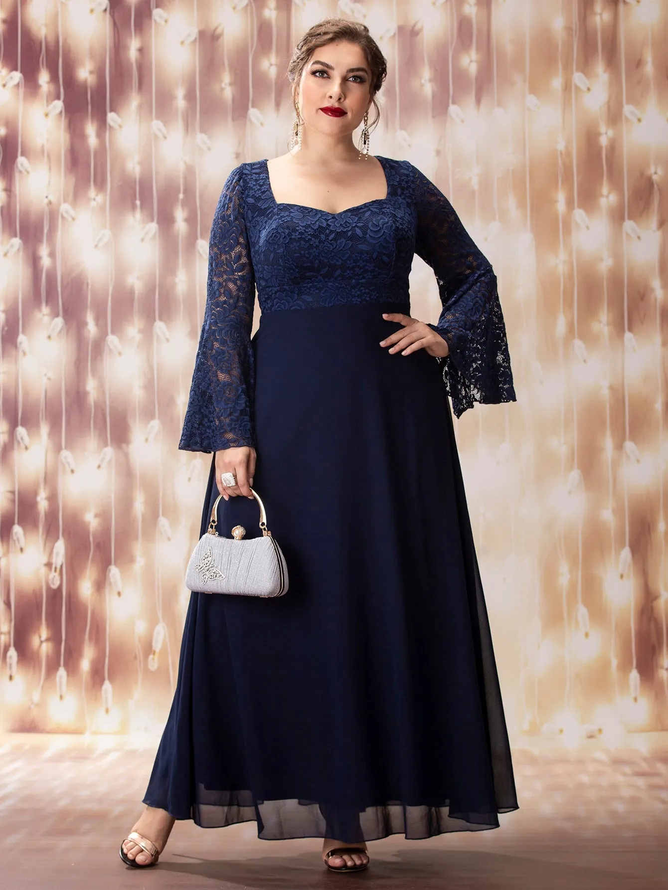 Glamorous Plain Contrast Lace Long Sleeve Sweetheart Flared High Waist Maxi Plus Size Dress