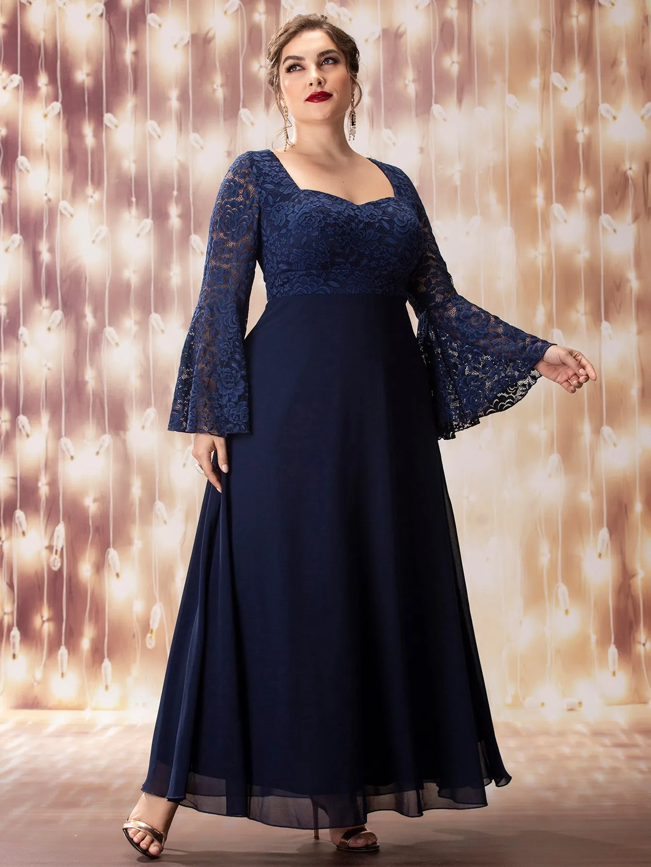 Glamorous Plain Contrast Lace Long Sleeve Sweetheart Flared High Waist Maxi Plus Size Dress