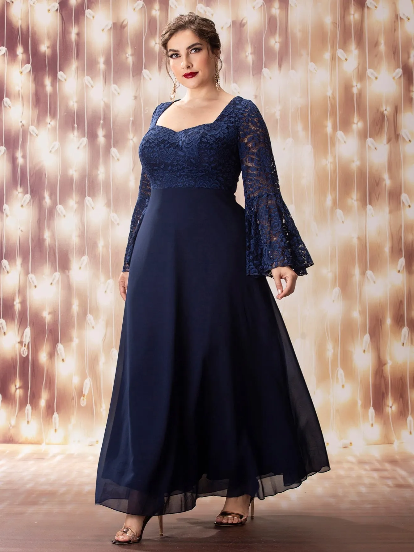 Glamorous Plain Contrast Lace Long Sleeve Sweetheart Flared High Waist Maxi Plus Size Dress