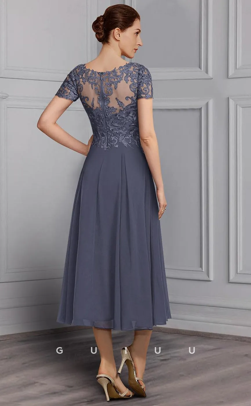 GM017 - Elegant Plus Size A-Line V Neck Short Sleeves Appliques Chiffon Mother of the Bride Dress