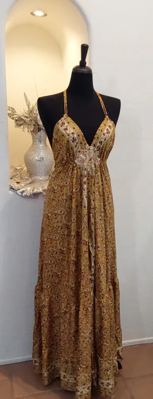 Gold Floral Silk Backless Maxi Dress