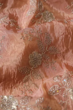 Gold Sequins And Zari Floral Embroidery Work On Peach Pure Viscose Zari Tissue Fabric