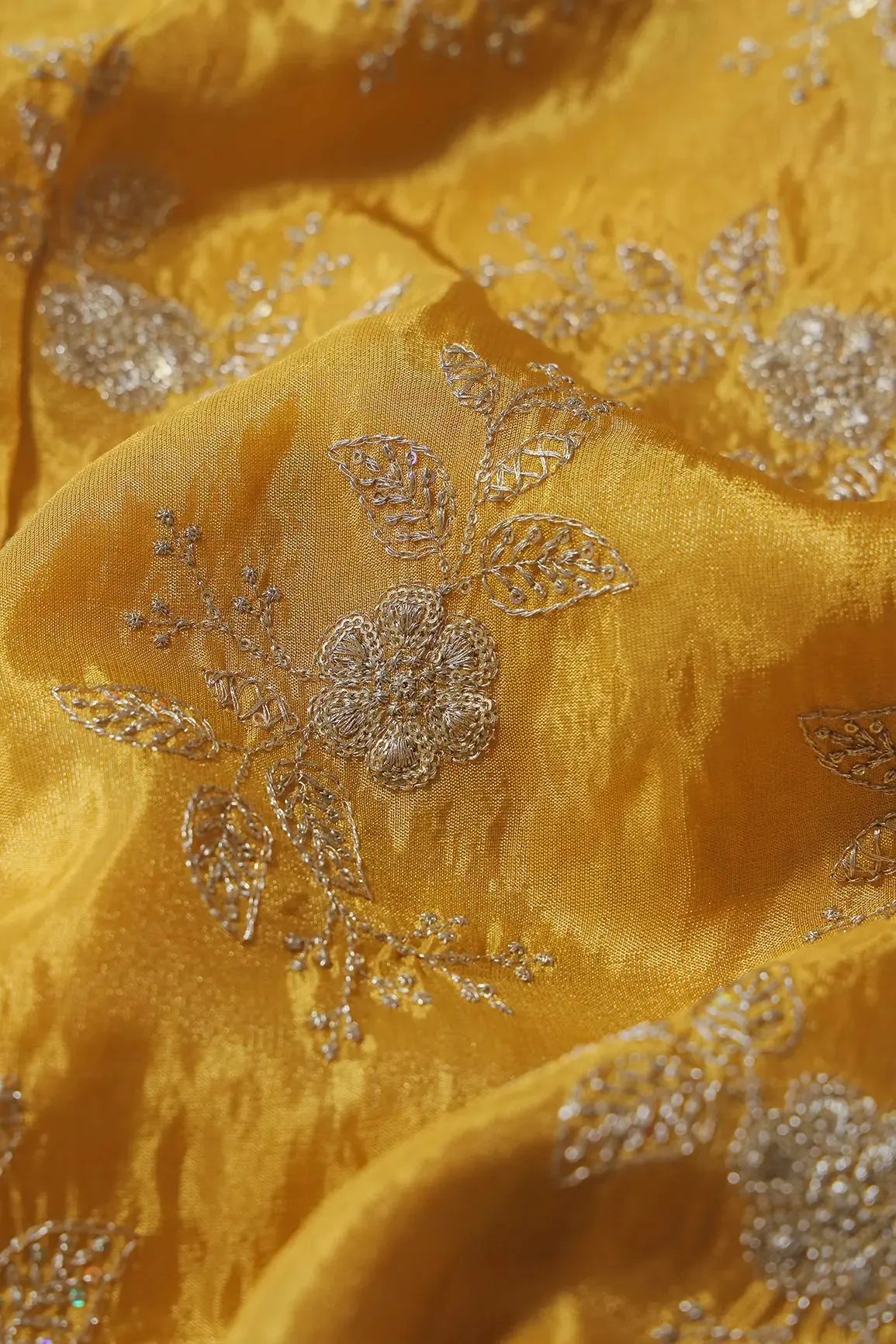 Gold Sequins And Zari Floral Embroidery Work On Yellow Pure Viscose Zari Tissue Fabric