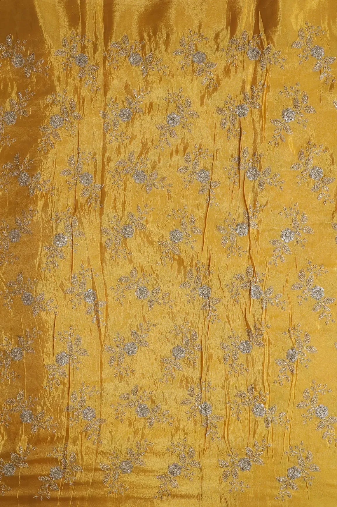 Gold Sequins And Zari Floral Embroidery Work On Yellow Pure Viscose Zari Tissue Fabric