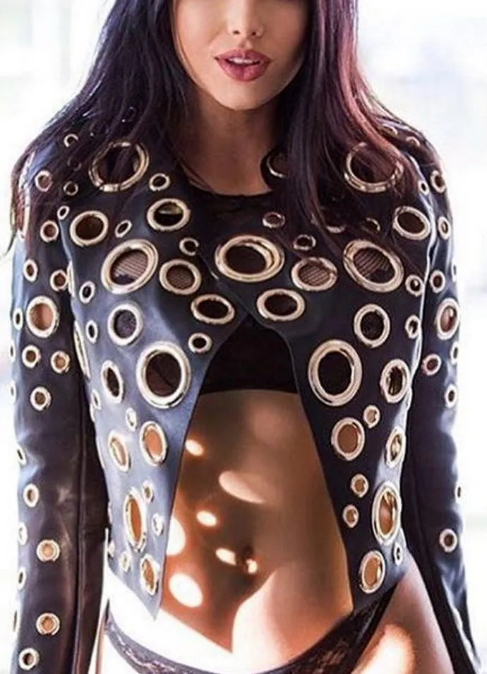 Hole-Embellished Faux-Leather Jacket - Black, Silver or Gold