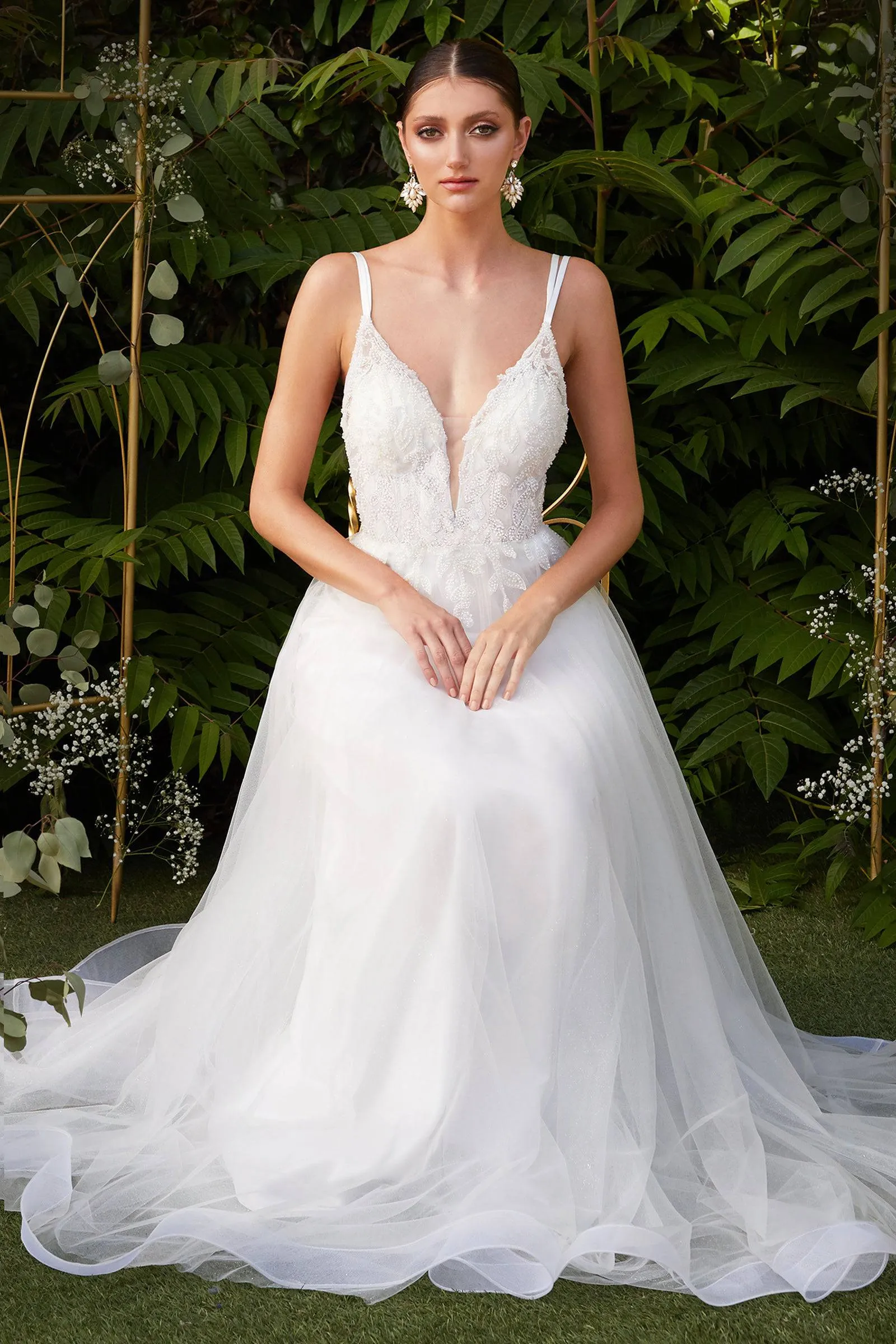 Ladivine CD0154W CInderella Divine Elegant Deep Neckline Wedding Gown w/ Layered Skirt