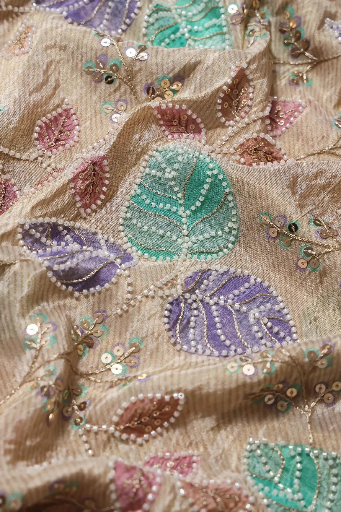 Leafy Position Print With White Beads And White Sequins Embroidery On Light Beige Viscose Zari Tissue Fabric