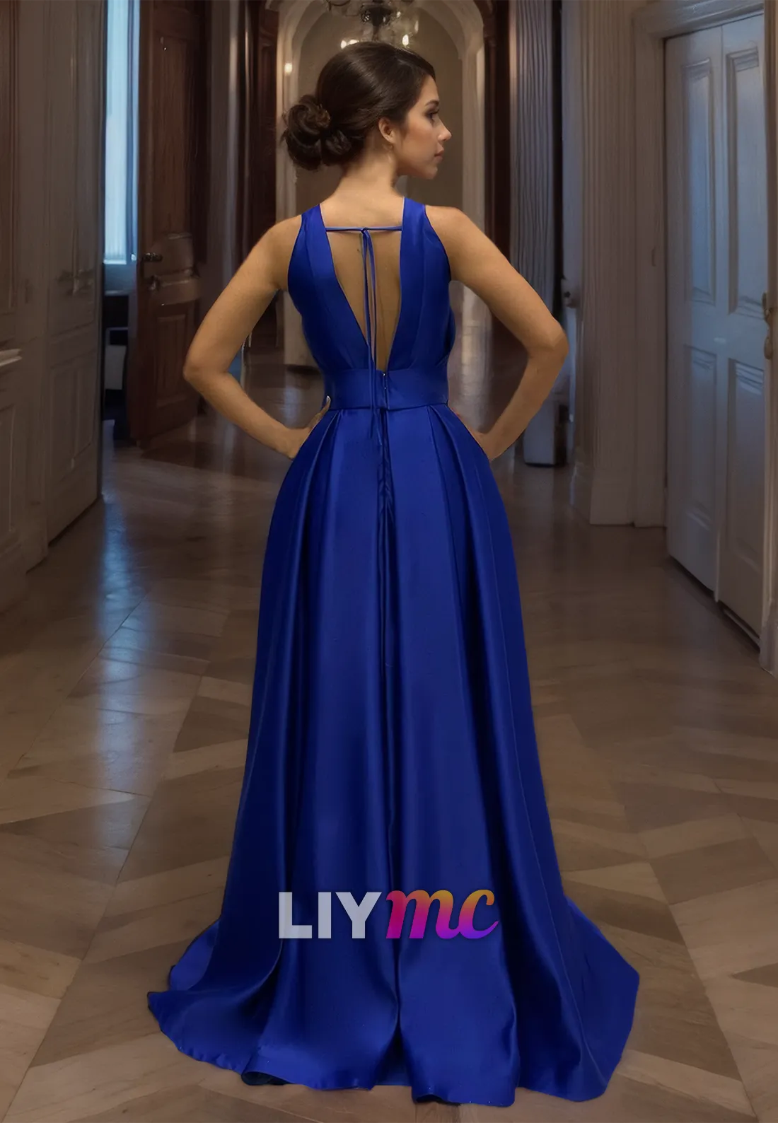 LP693 - Halter Sleeveless Pleated Satin A Line Long Formal Party Dress for Wedding