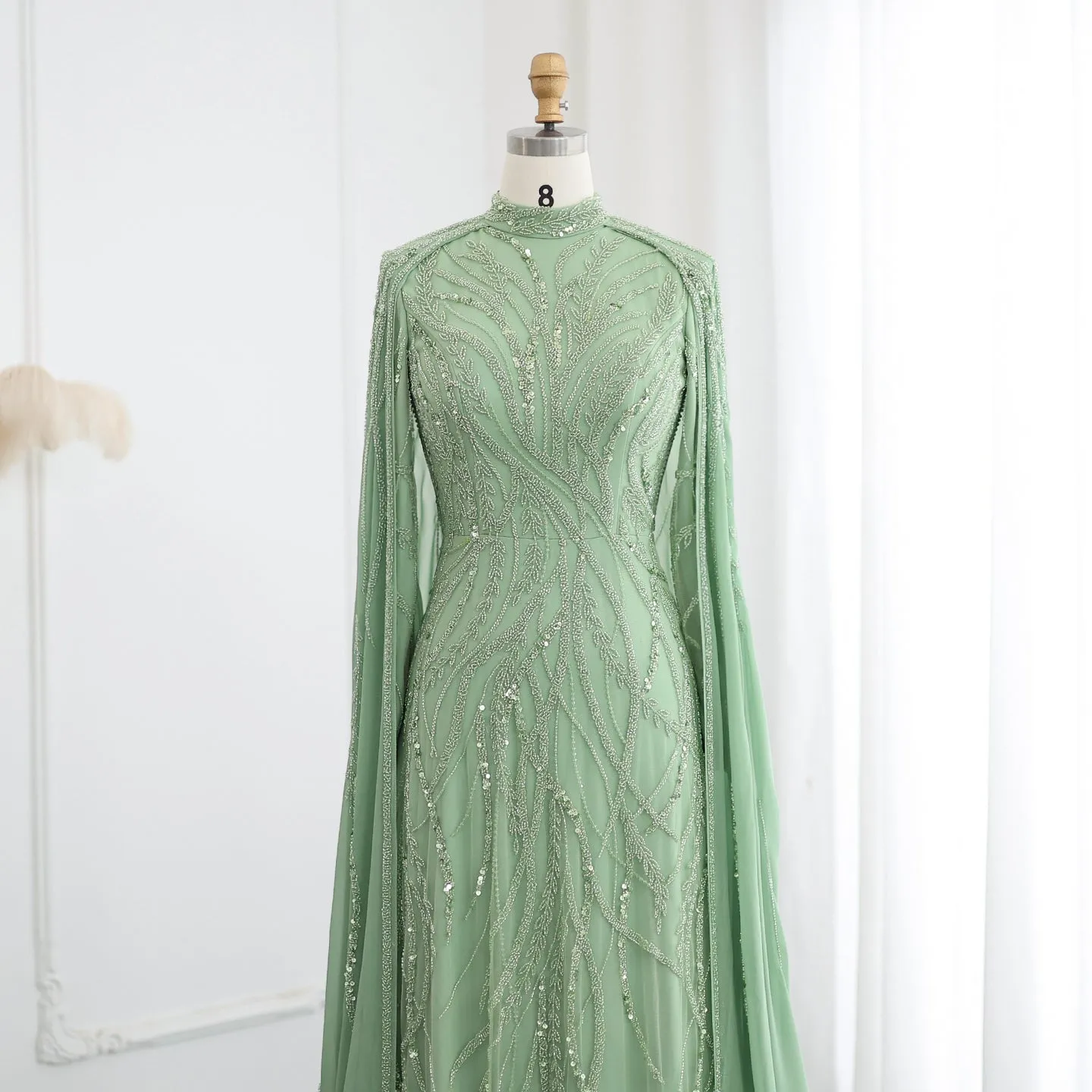 Luxury Beaded Sage Green Long Sleeves Evening Dress SS387