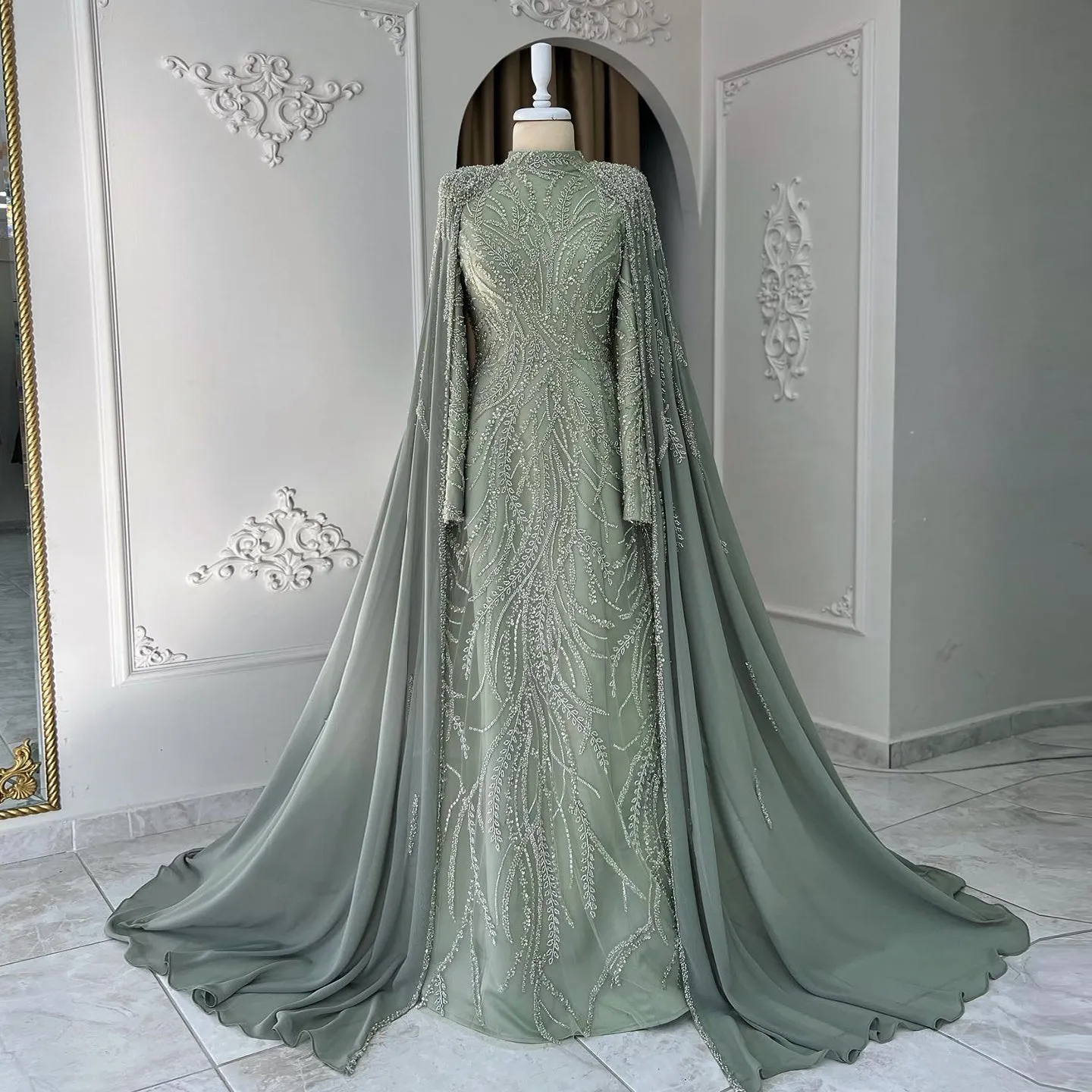 Luxury Beaded Sage Green Long Sleeves Evening Dress SS387