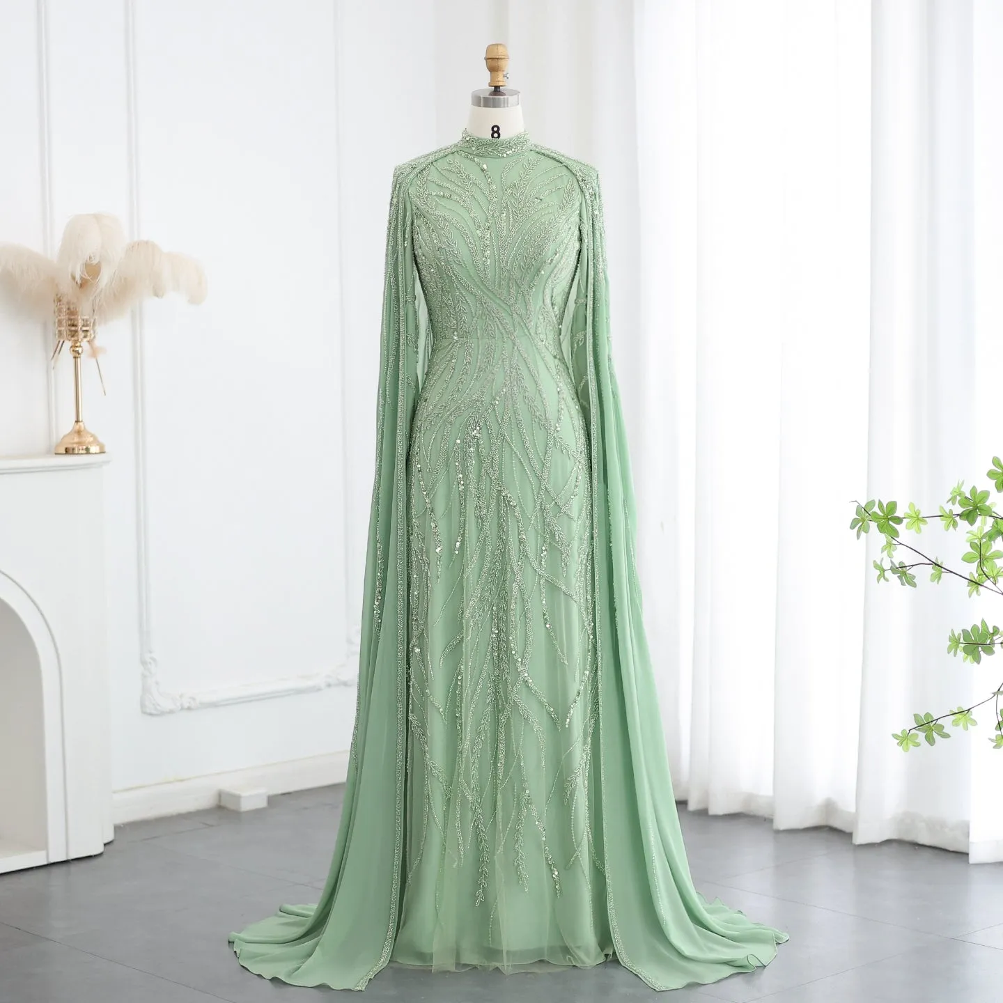 Luxury Beaded Sage Green Long Sleeves Evening Dress SS387