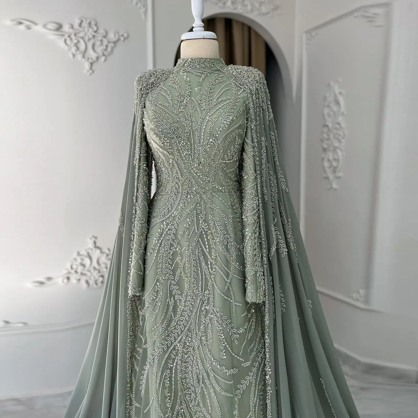 Luxury Beaded Sage Green Long Sleeves Evening Dress SS387