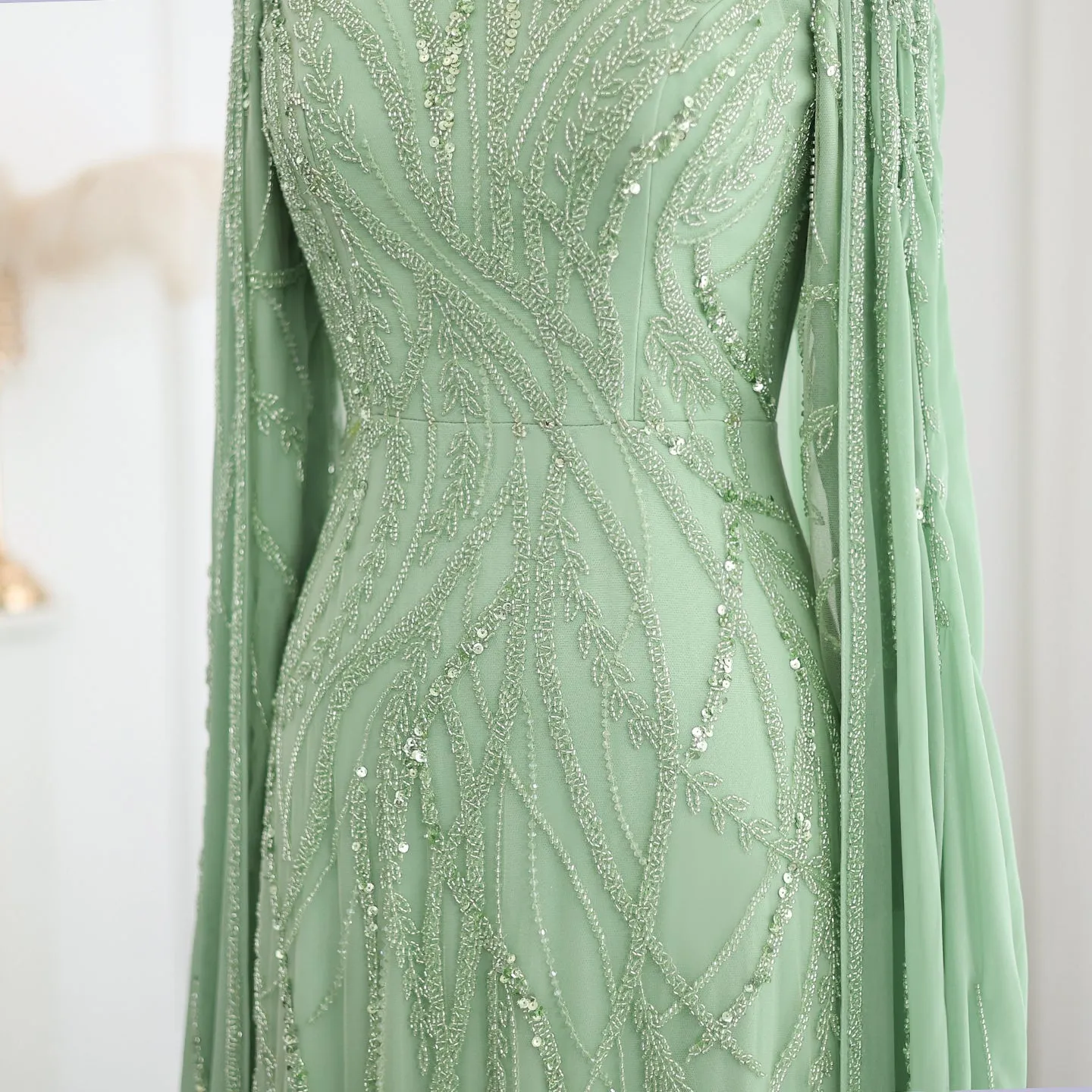 Luxury Beaded Sage Green Long Sleeves Evening Dress SS387