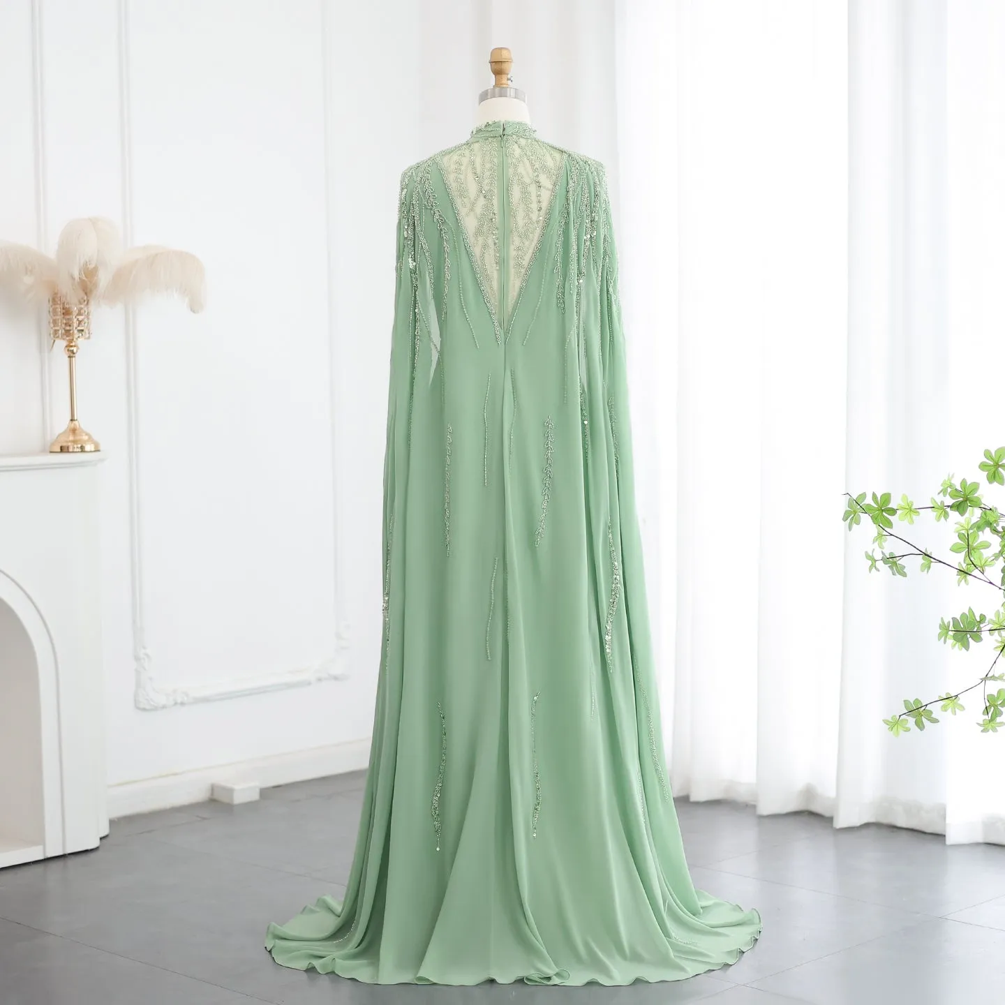 Luxury Beaded Sage Green Long Sleeves Evening Dress SS387