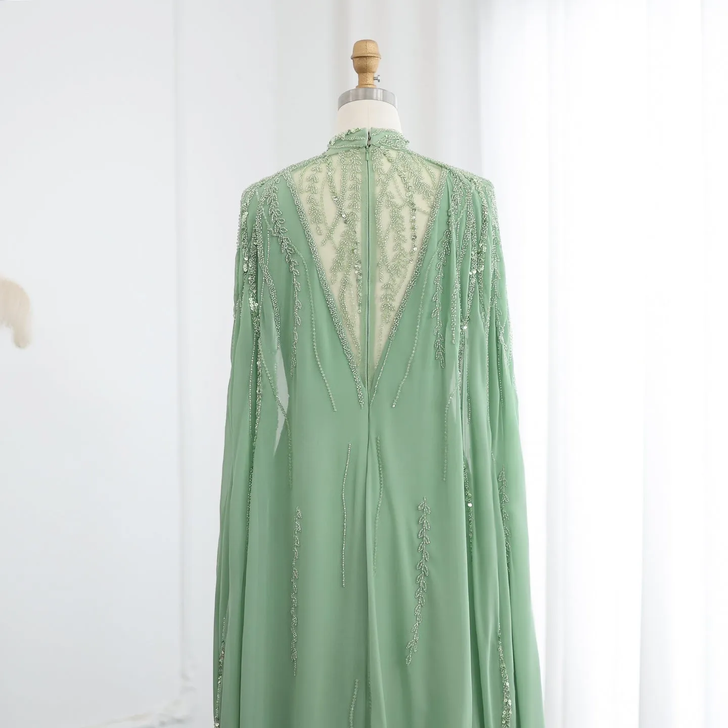 Luxury Beaded Sage Green Long Sleeves Evening Dress SS387