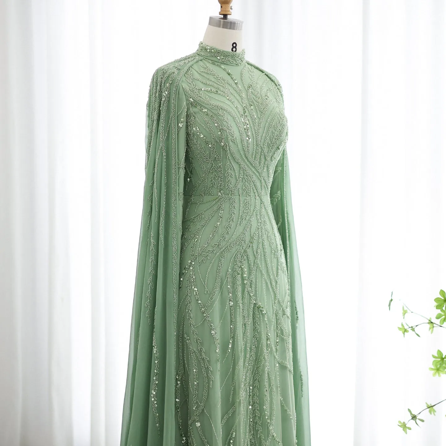 Luxury Beaded Sage Green Long Sleeves Evening Dress SS387