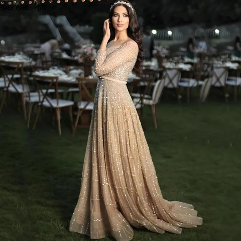 Luxury Off Shoulder Brown Long Sleeve Evening Dress SS022