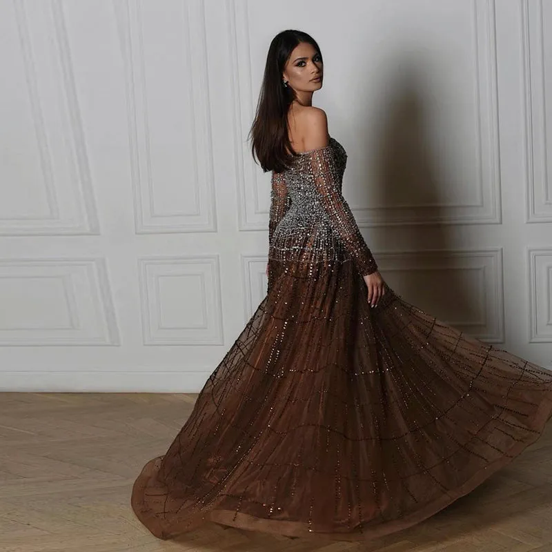 Luxury Off Shoulder Brown Long Sleeve Evening Dress SS022