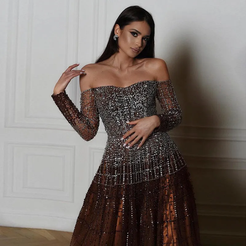 Luxury Off Shoulder Brown Long Sleeve Evening Dress SS022