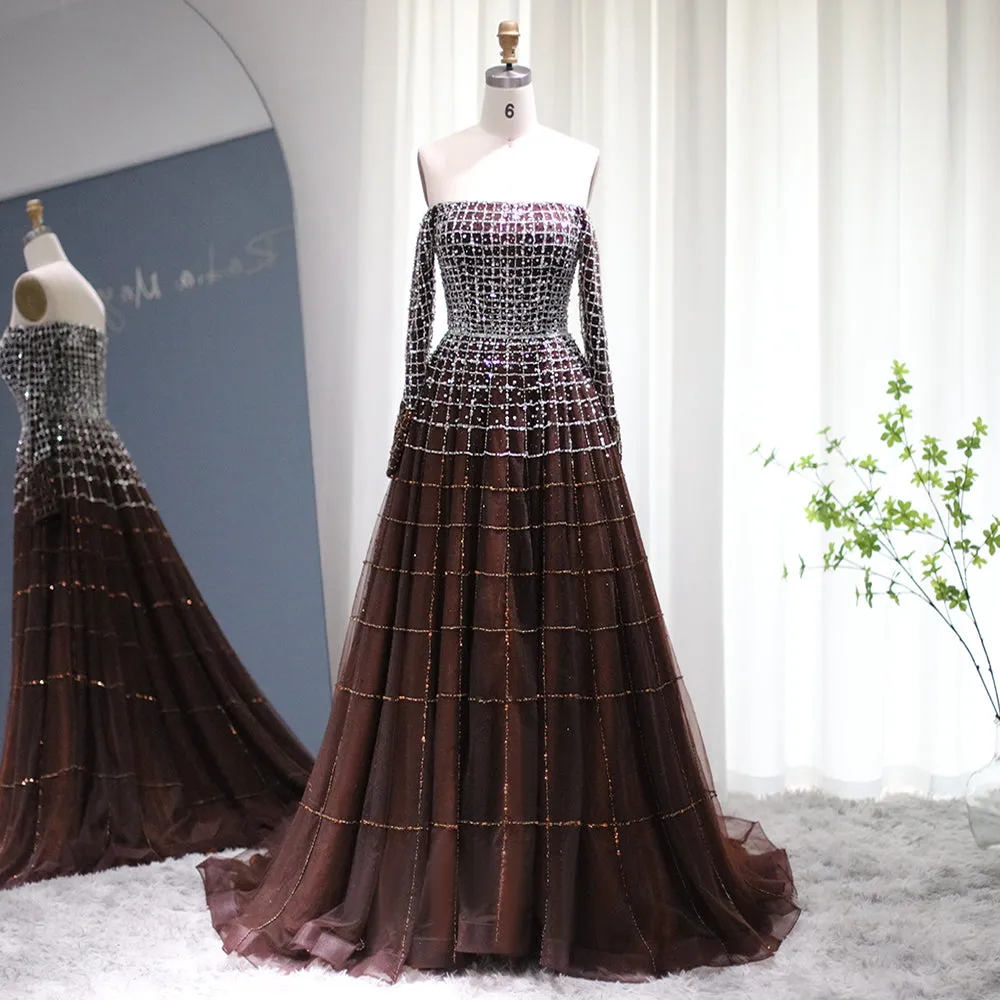 Luxury Off Shoulder Brown Long Sleeve Evening Dress SS022