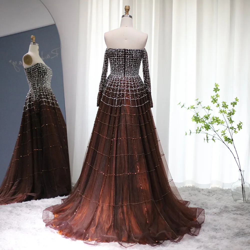 Luxury Off Shoulder Brown Long Sleeve Evening Dress SS022