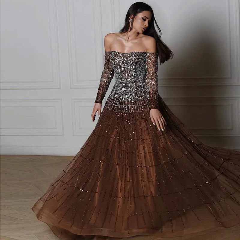 Luxury Off Shoulder Brown Long Sleeve Evening Dress SS022