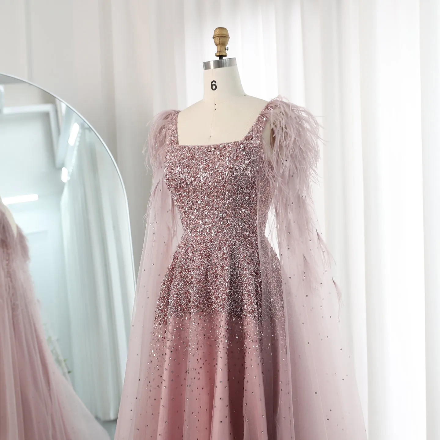 Luxury Pink Feathers Evening Dress with Cape Sleeves SS406