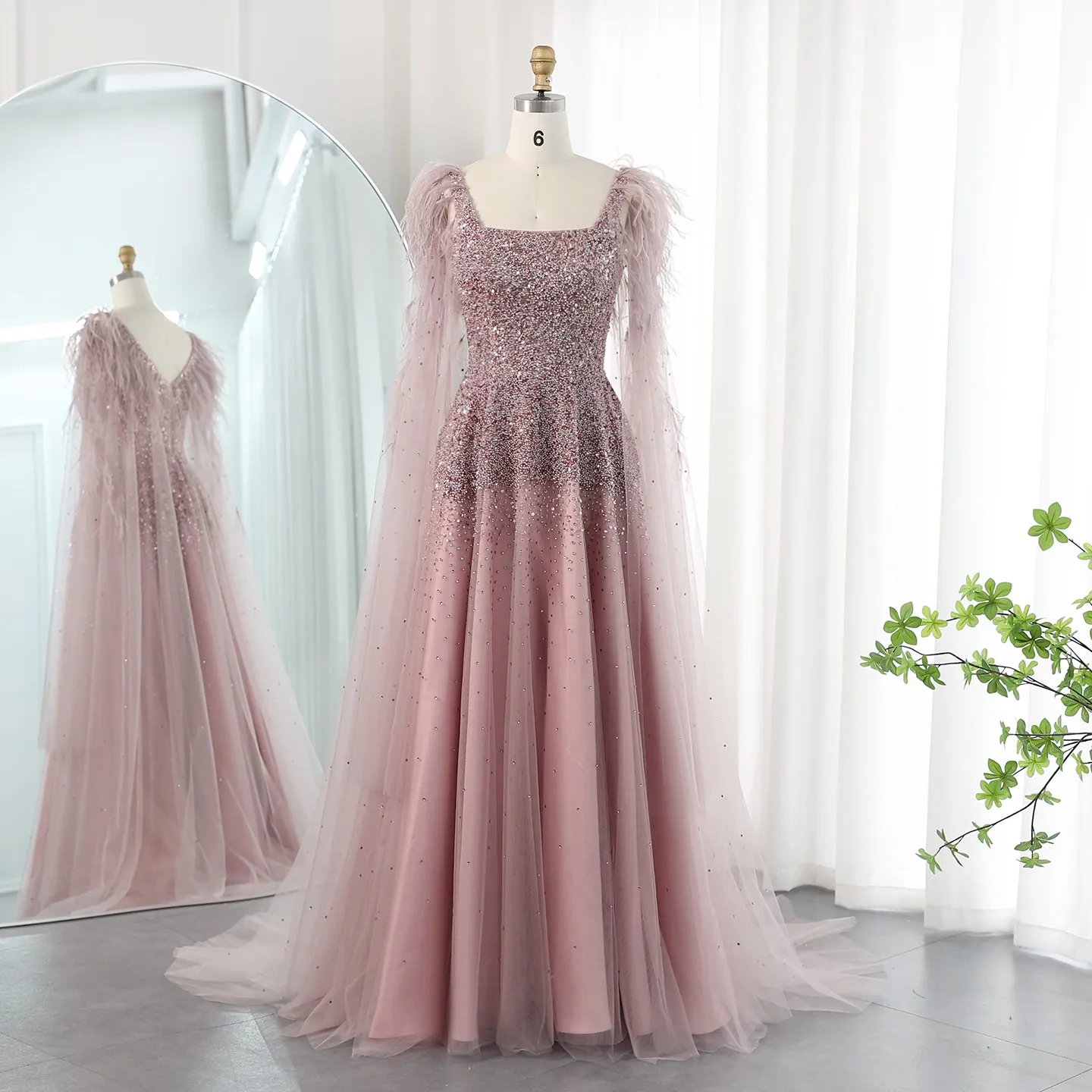 Luxury Pink Feathers Evening Dress with Cape Sleeves SS406