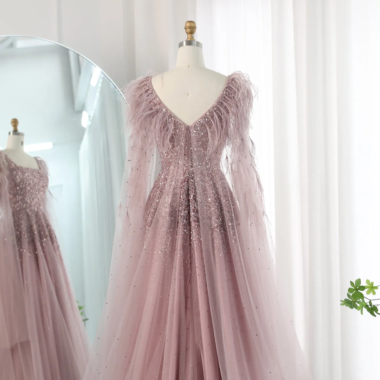 Luxury Pink Feathers Evening Dress with Cape Sleeves SS406