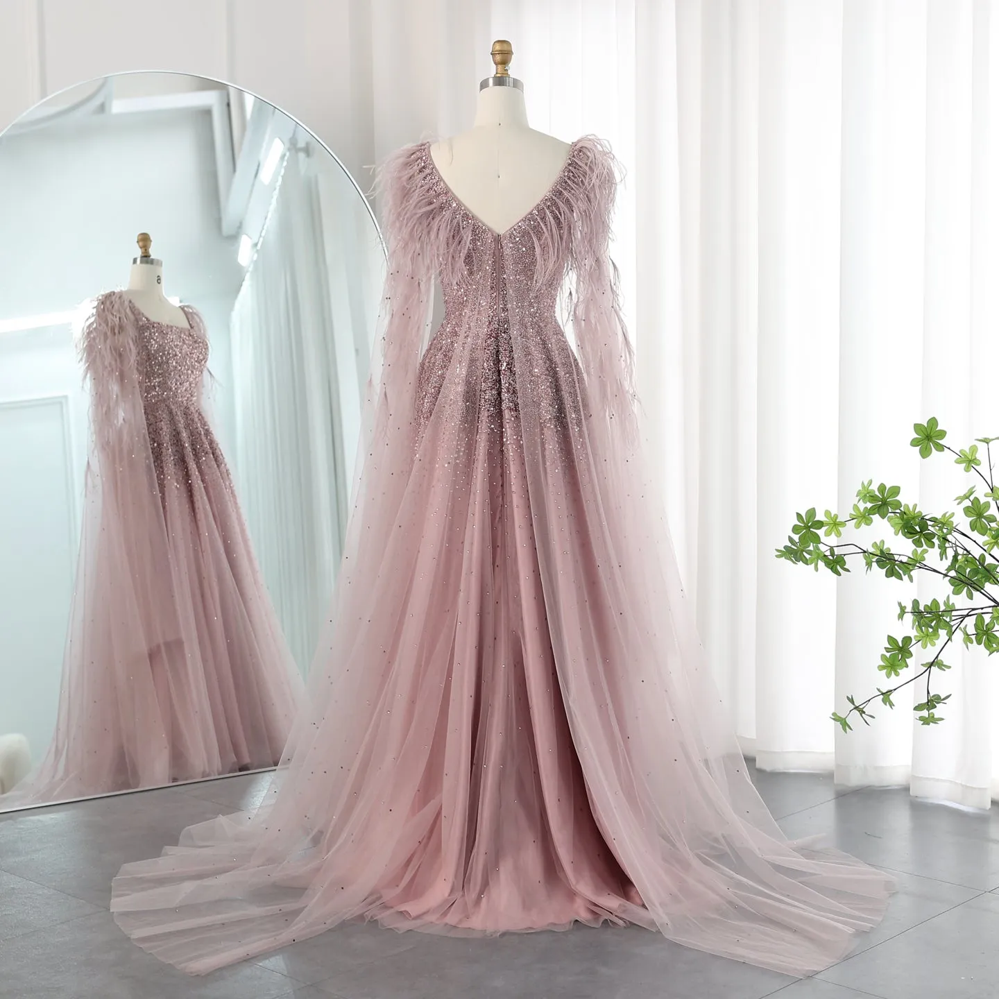 Luxury Pink Feathers Evening Dress with Cape Sleeves SS406