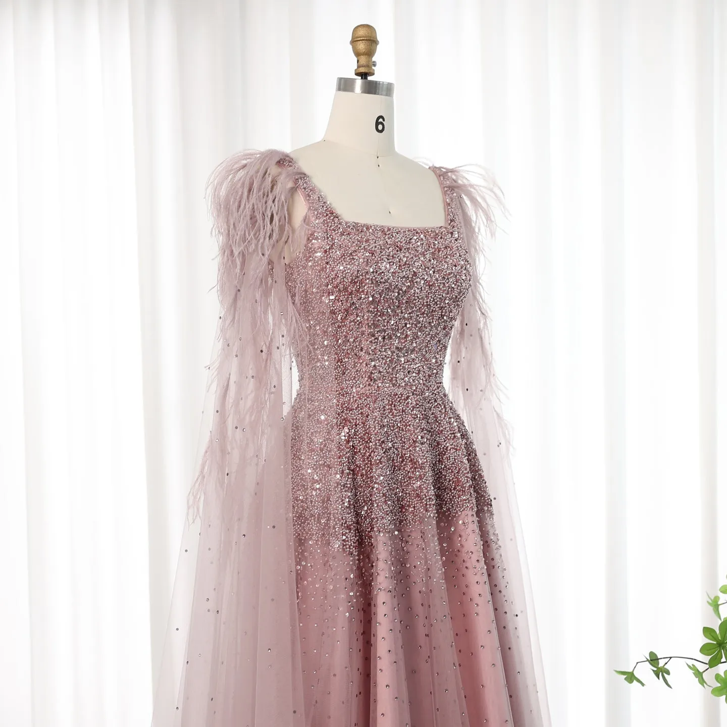 Luxury Pink Feathers Evening Dress with Cape Sleeves SS406