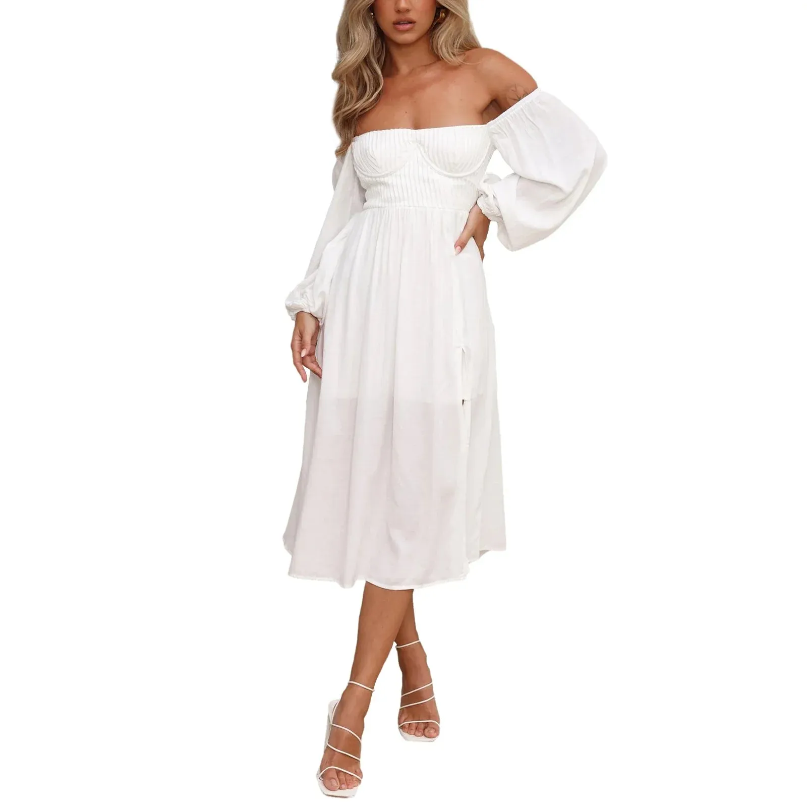 Midi A-Line Long Sleeve Square Neck Off Shoulder Split Flowy Spring Summer Vacation Maxi Elegant Dress