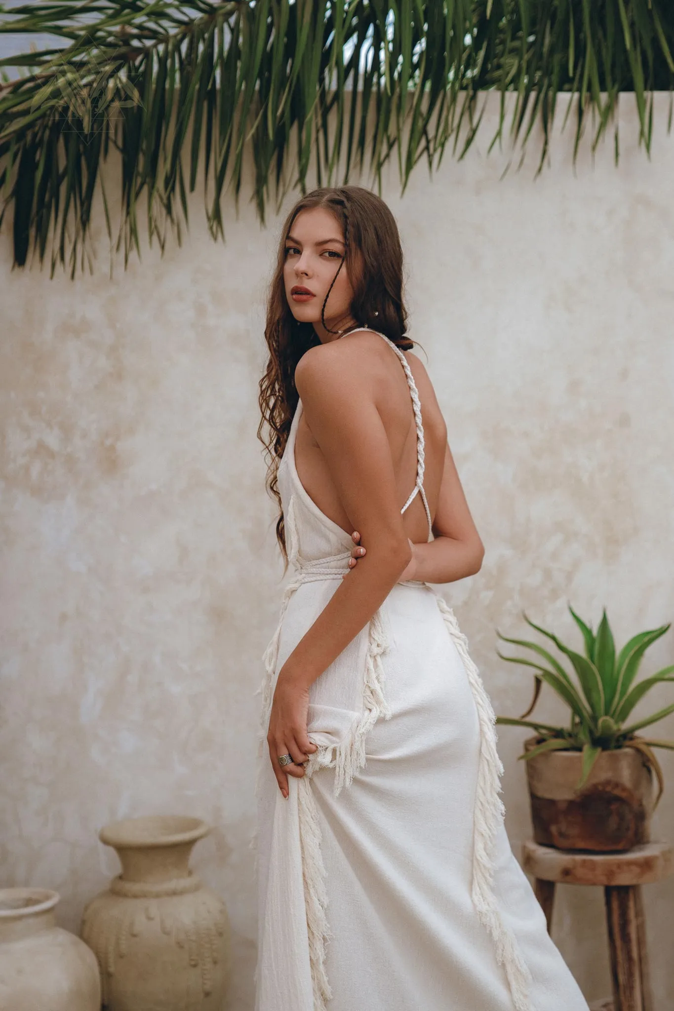 Off-White Boho Open Back Simple Wedding Dress with Hand Loomed Tassels