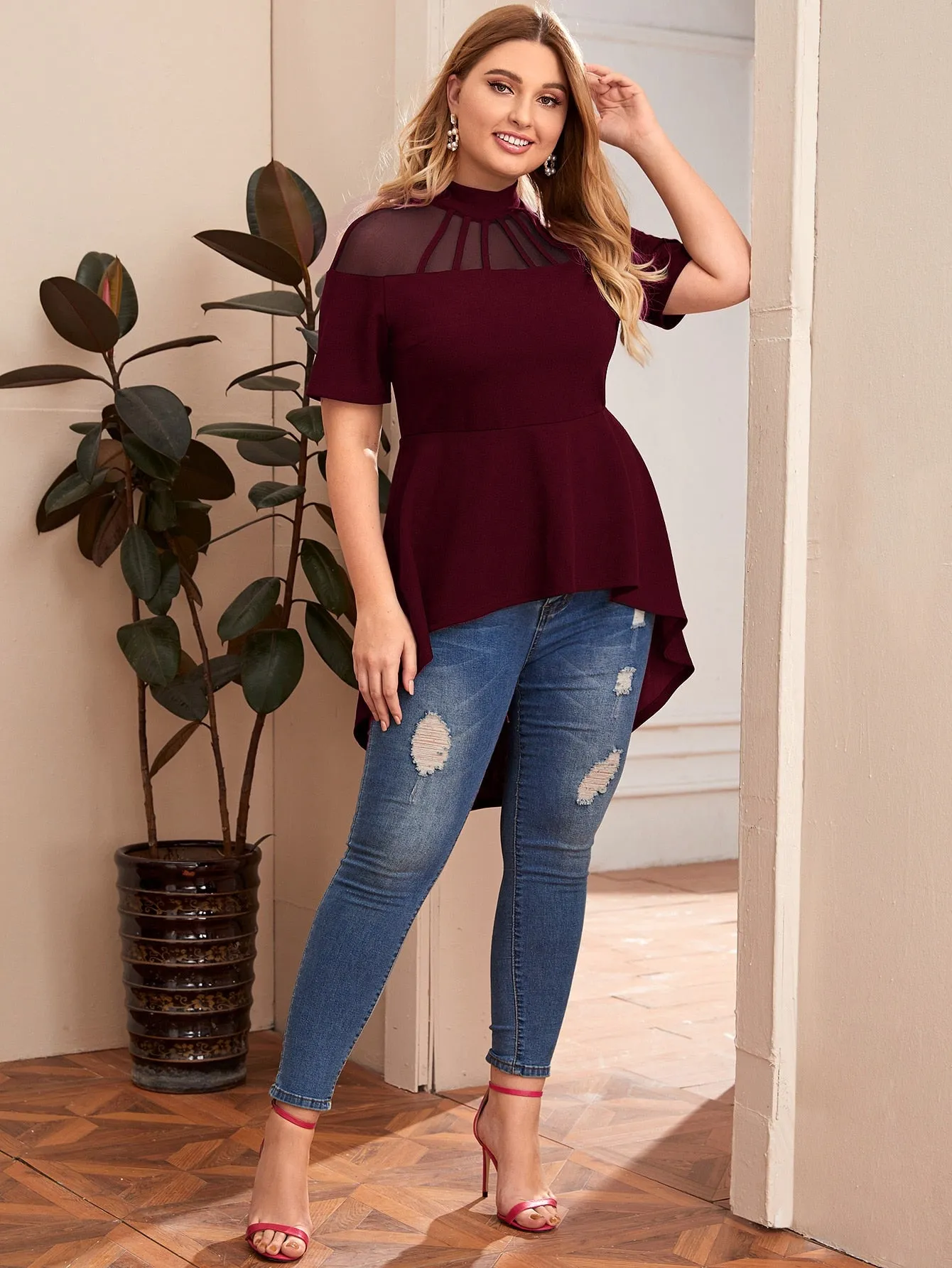 Plain Sheer Short Sleeve Stand Collar Asymmetrical Long Plus Size Blouse