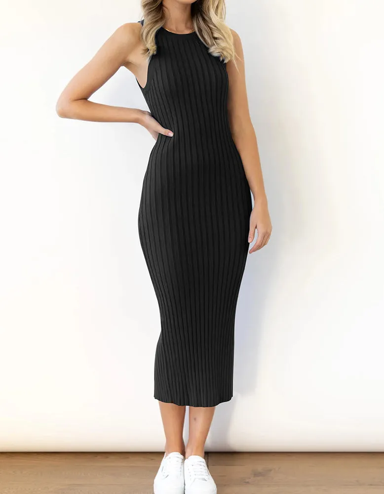 Plain Sleeveless Round Neck Long Rib Knit Bodycon Dresses