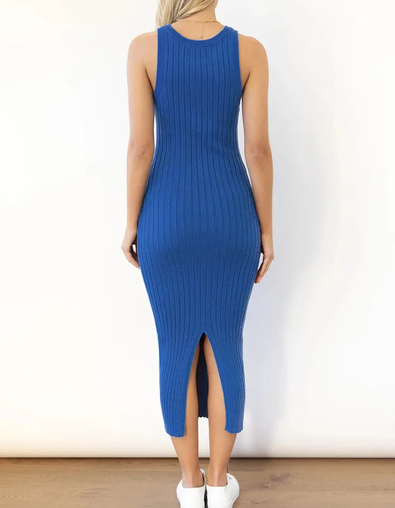 Plain Sleeveless Round Neck Long Rib Knit Bodycon Dresses