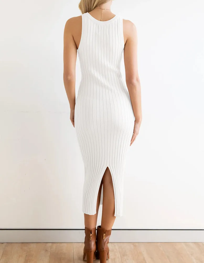 Plain Sleeveless Round Neck Long Rib Knit Bodycon Dresses