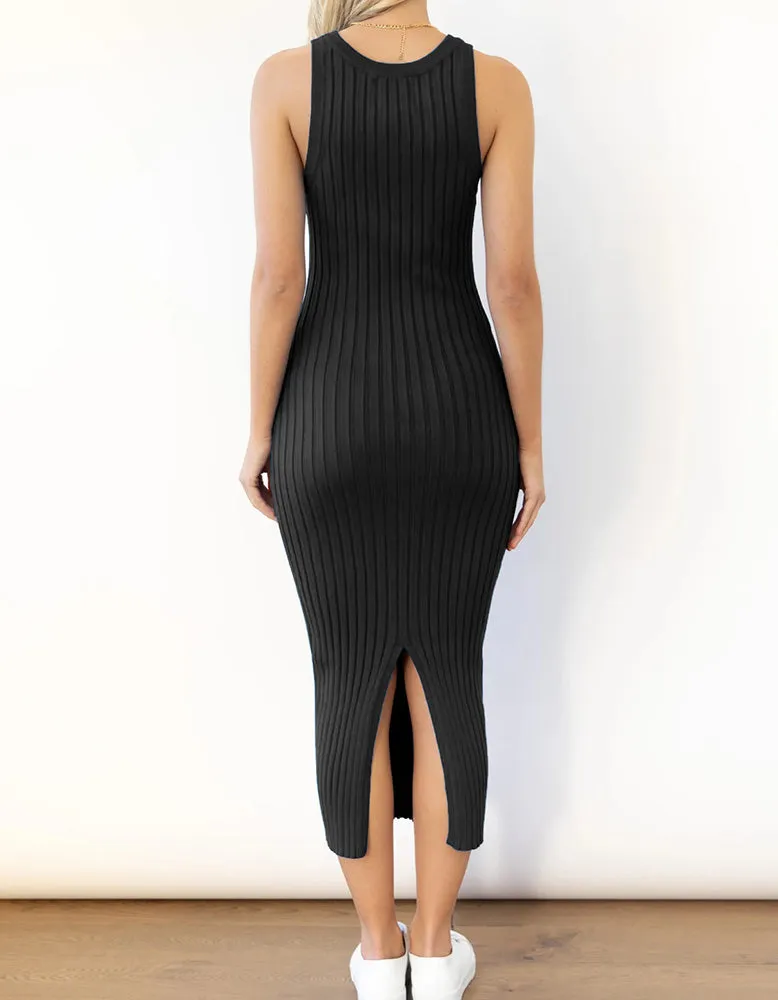 Plain Sleeveless Round Neck Long Rib Knit Bodycon Dresses