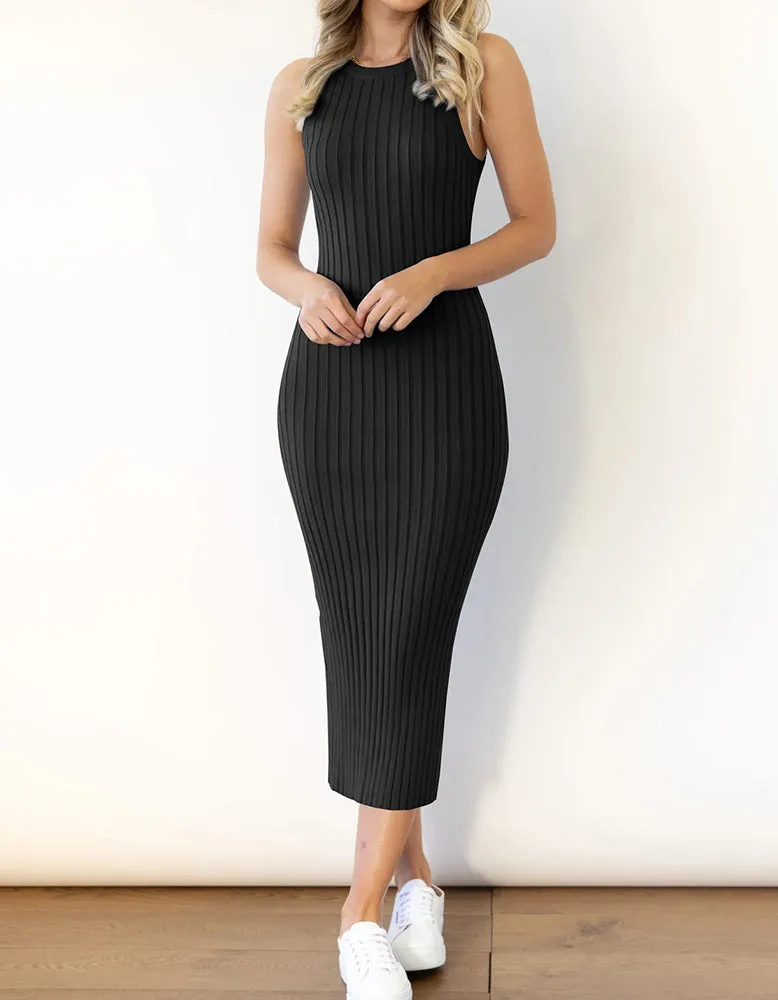 Plain Sleeveless Round Neck Long Rib Knit Bodycon Dresses