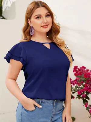 Plain Tiered Layer Cap Sleeve Keyhole Neckline Regular Plus Size Blouse