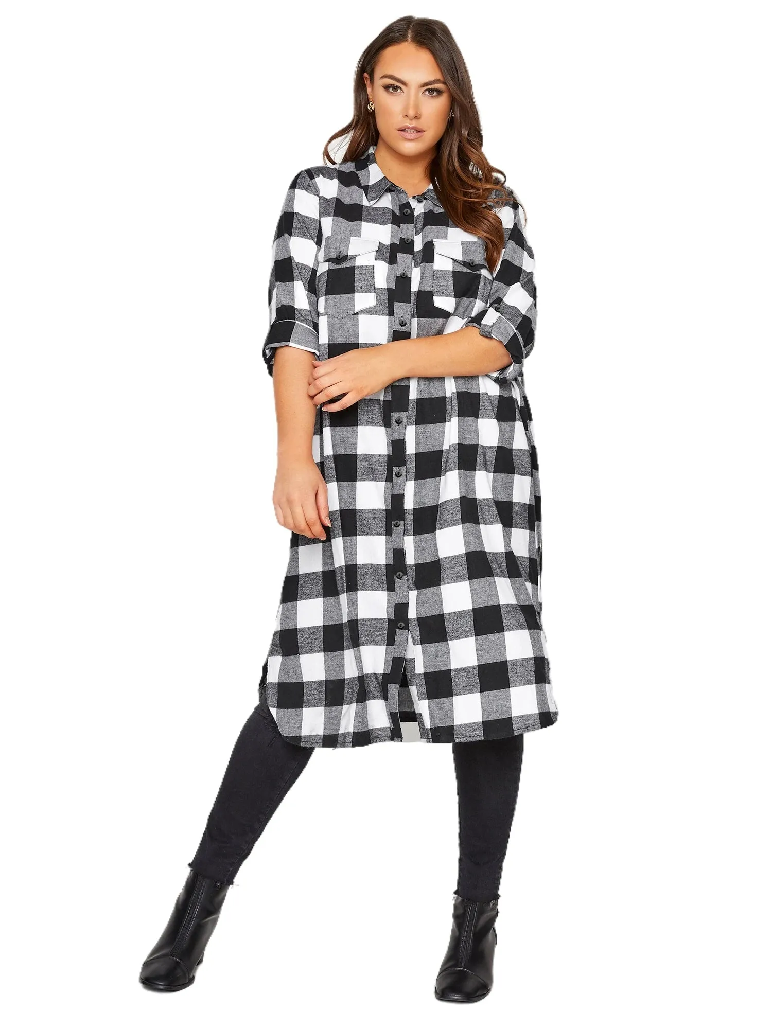 Plus Size Elegant Spring Autumn Maxi Shirt Women Long Rolling Sleeve Black White Checked Shirt Dress Loose Plaid Shirt 6XL 7XL