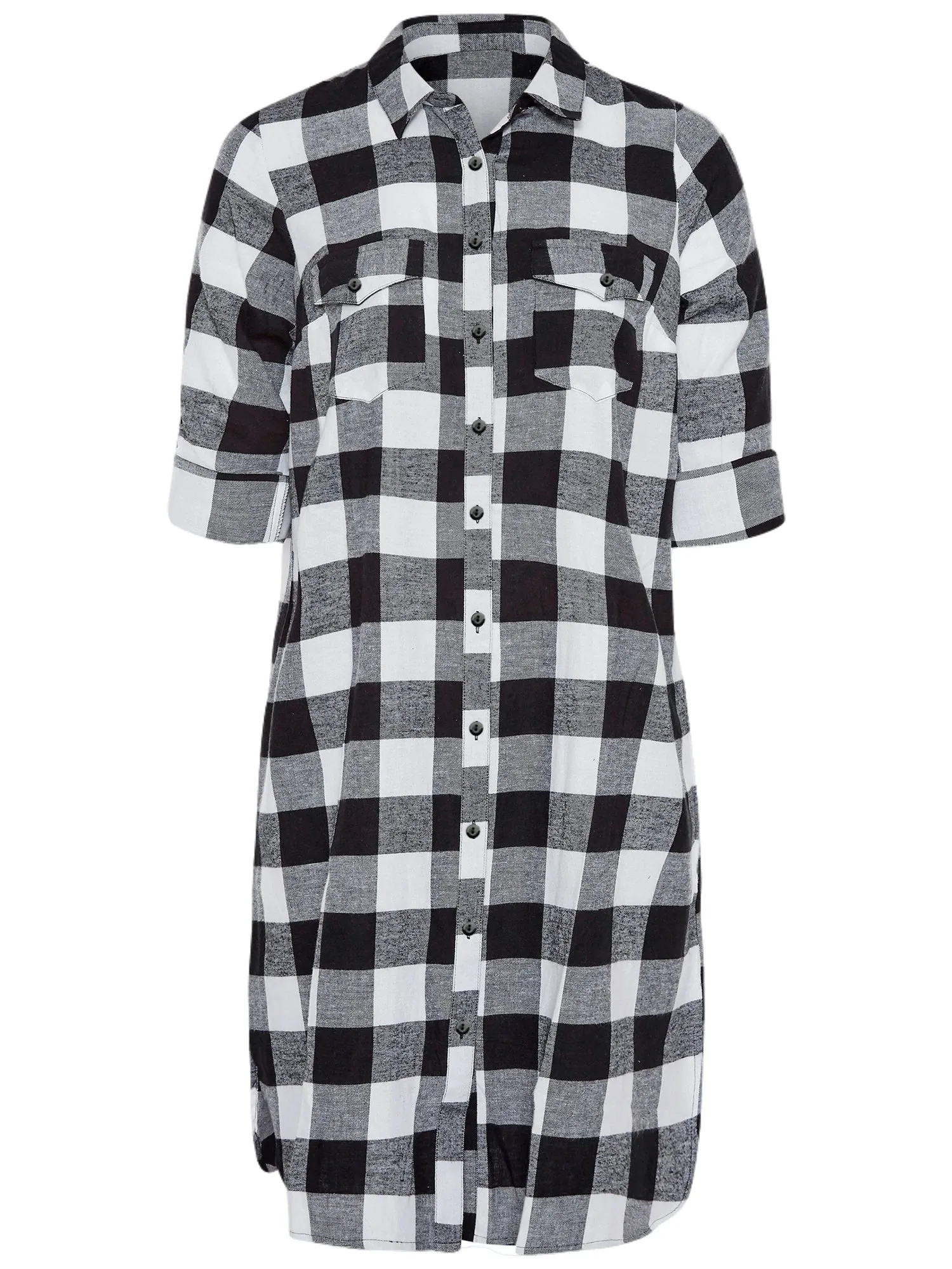 Plus Size Elegant Spring Autumn Maxi Shirt Women Long Rolling Sleeve Black White Checked Shirt Dress Loose Plaid Shirt 6XL 7XL