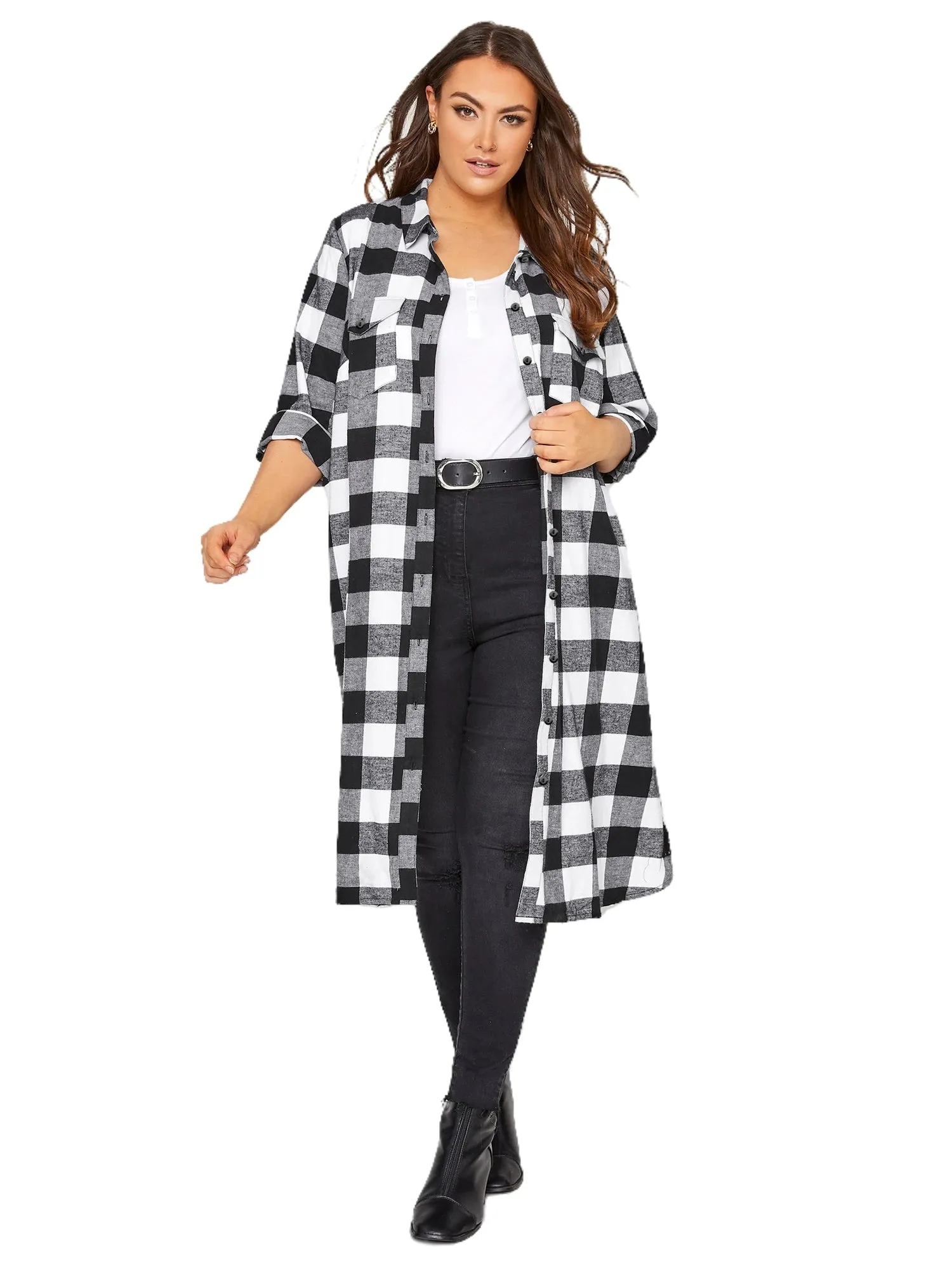 Plus Size Elegant Spring Autumn Maxi Shirt Women Long Rolling Sleeve Black White Checked Shirt Dress Loose Plaid Shirt 6XL 7XL