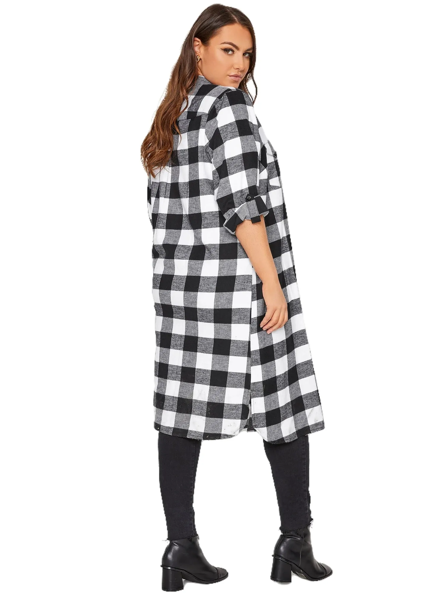 Plus Size Elegant Spring Autumn Maxi Shirt Women Long Rolling Sleeve Black White Checked Shirt Dress Loose Plaid Shirt 6XL 7XL