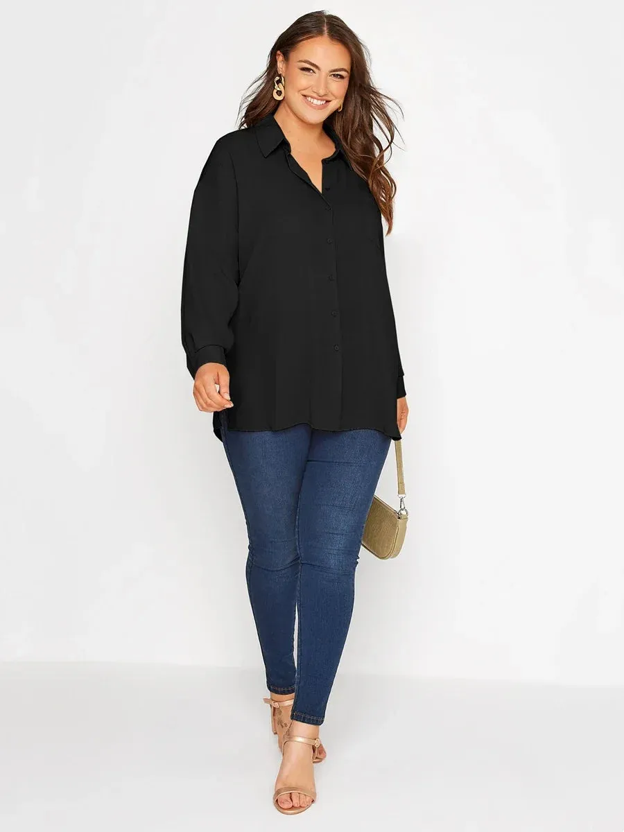 Plus Size Long Sleeve Spring Autumn Elegant Blouse And Shirt Women Button Front Loose Oversize Black Work Office Shirt Outfit