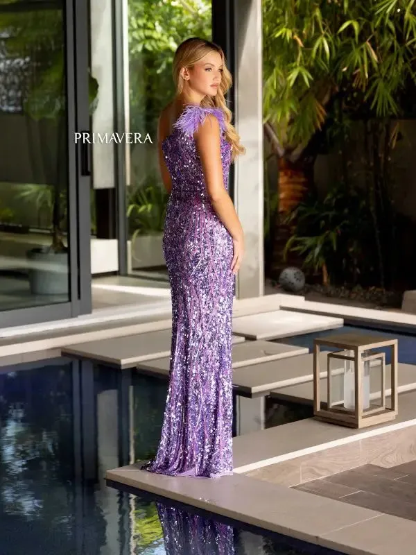 Primavera Couture 4169 Size 12 Orchid Long Prom Sequin Dress One Shoulder Feathers Fitted Body High Slit Formal Pageant Gown